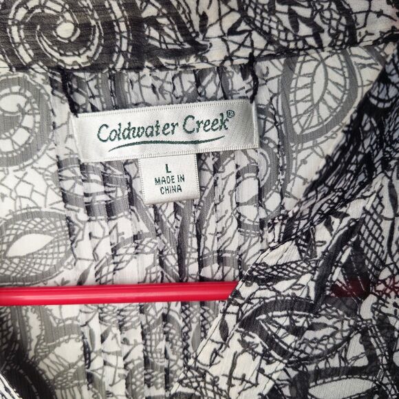 Coldwater Creek Sheer Floral Blouse Black White 3/4 Roll Tab Sleeve L Top Large - Picture 3 of 10